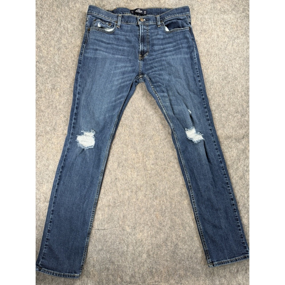 Hollister Epic Flex Skinny Jeans Mens Tag 36x34 Distressed Dark Wash Denim